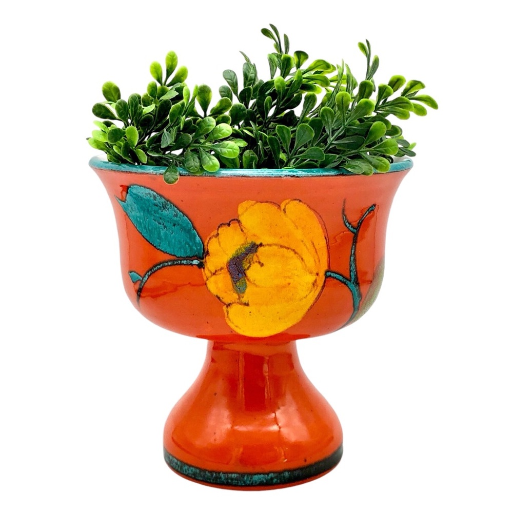 Italian Art Pottery Compote Planter Atomic Orange Pedestal Bowl Vase MCM Italy